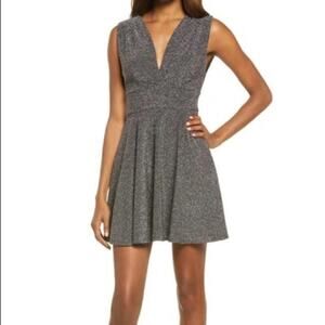 FRAICHE BY J Shimmer Deep V-Neck Mini Dress Silver NWT Large